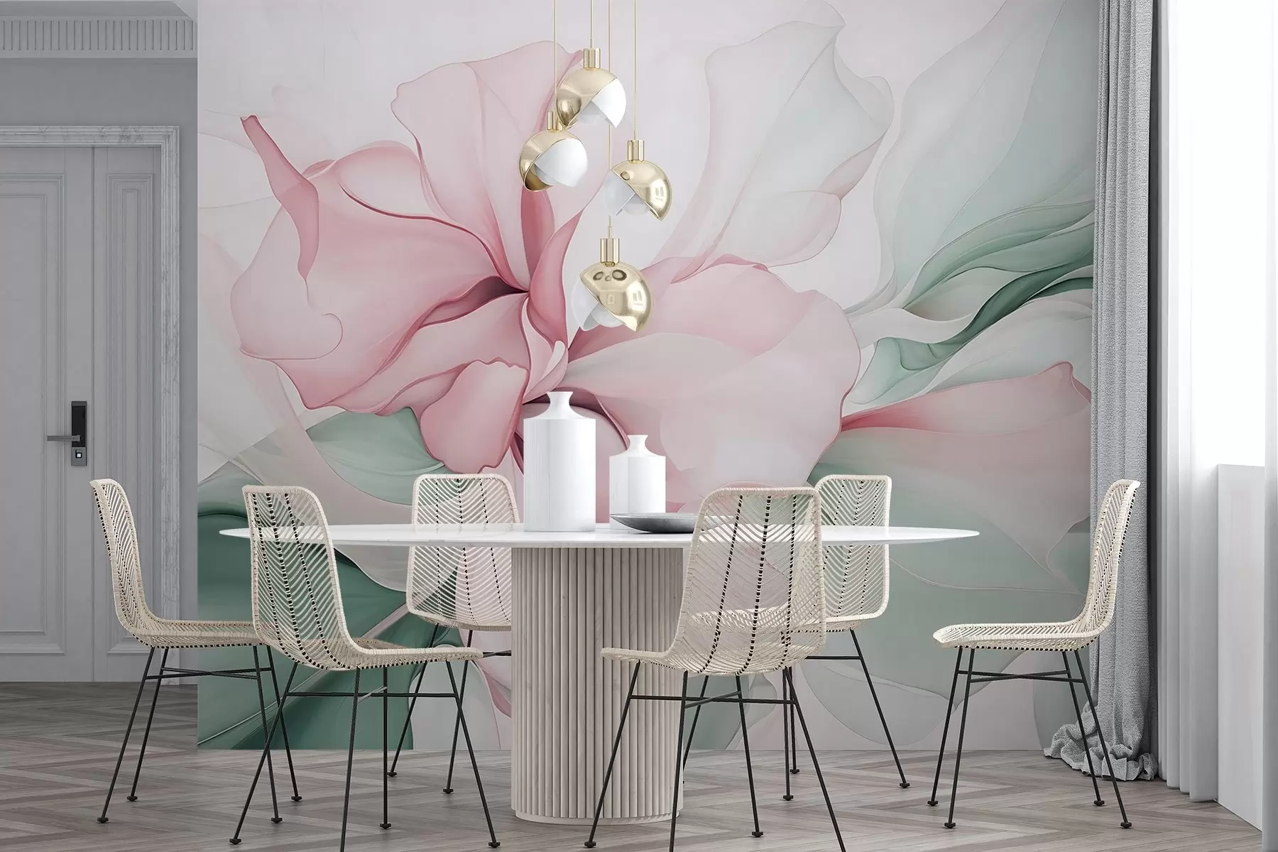 zidne murale Tekuće apstraktne cvjetne latice prozirni i slojeviti oblici u pastelnim bojama, u ružičastim i zelenim nijansama w08701v1