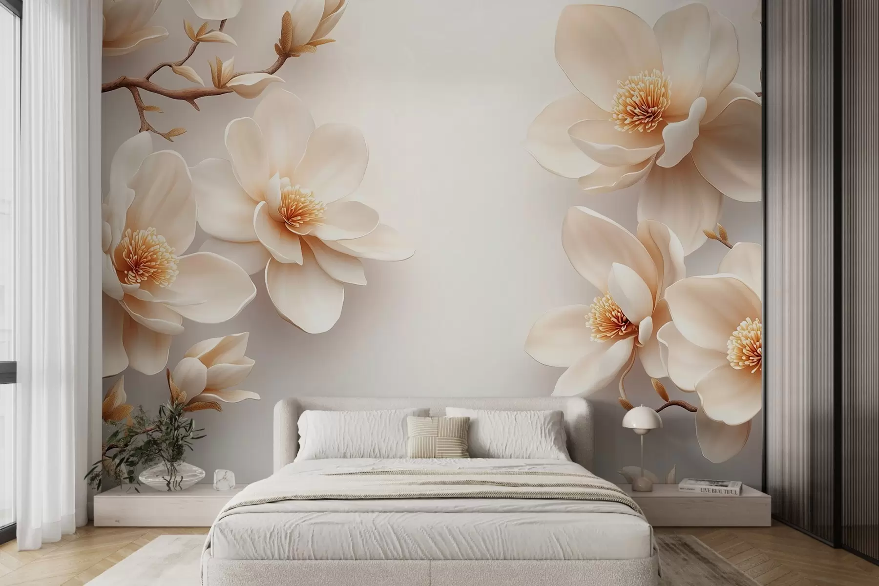 zidne murale Prekrasni cvjetovi magnolije krem boje na bijeloj pozadini w08704