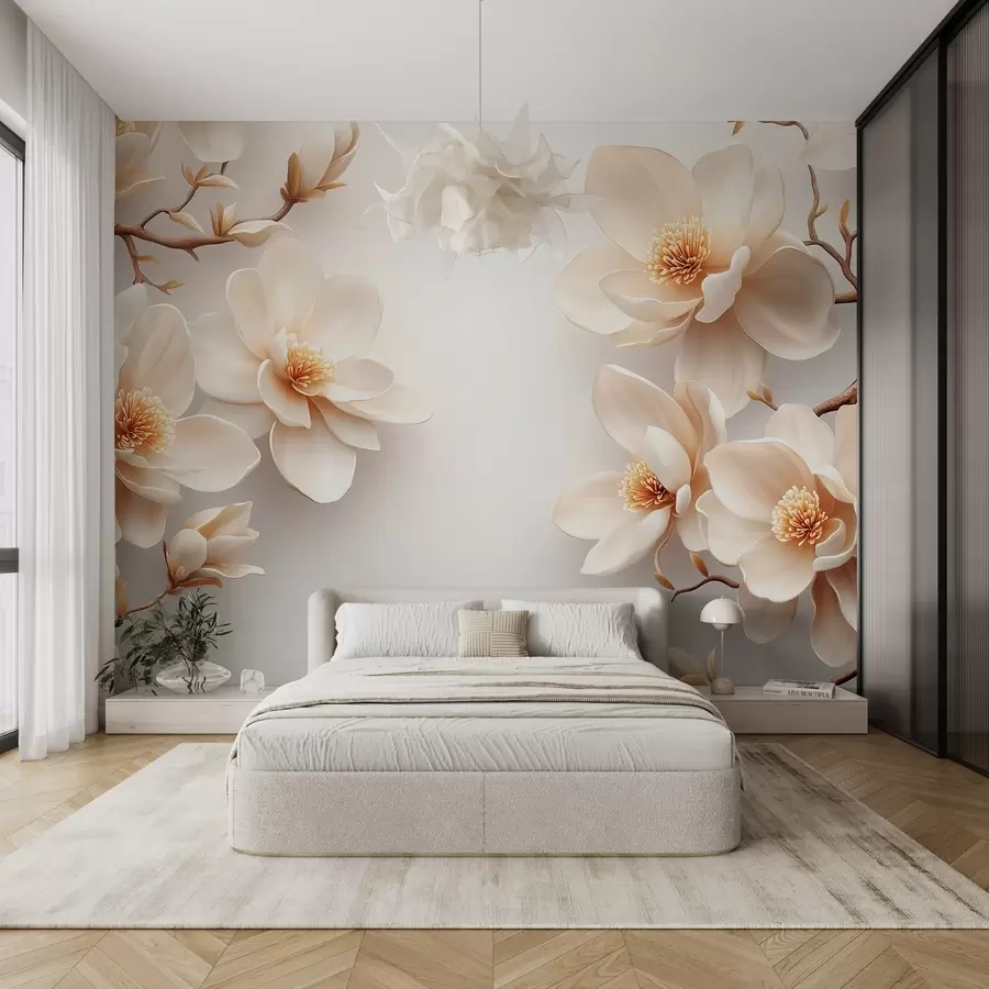 zidne murale Prekrasni cvjetovi magnolije krem boje na bijeloj pozadini w08704