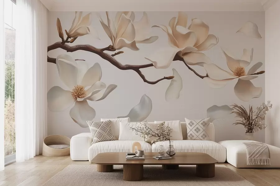 zidne murale Grana drveta s nježnim cvjetovima magnolije i padajućim laticama w08706