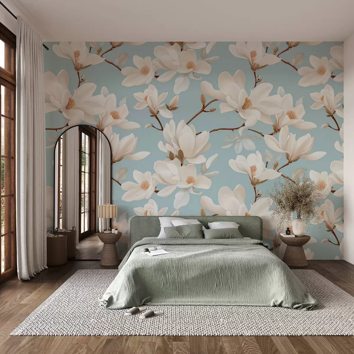 zidne murale Uzorak bijelih cvjetova magnolije, pastelno plava pozadina, bijelo lišće i grane w08726