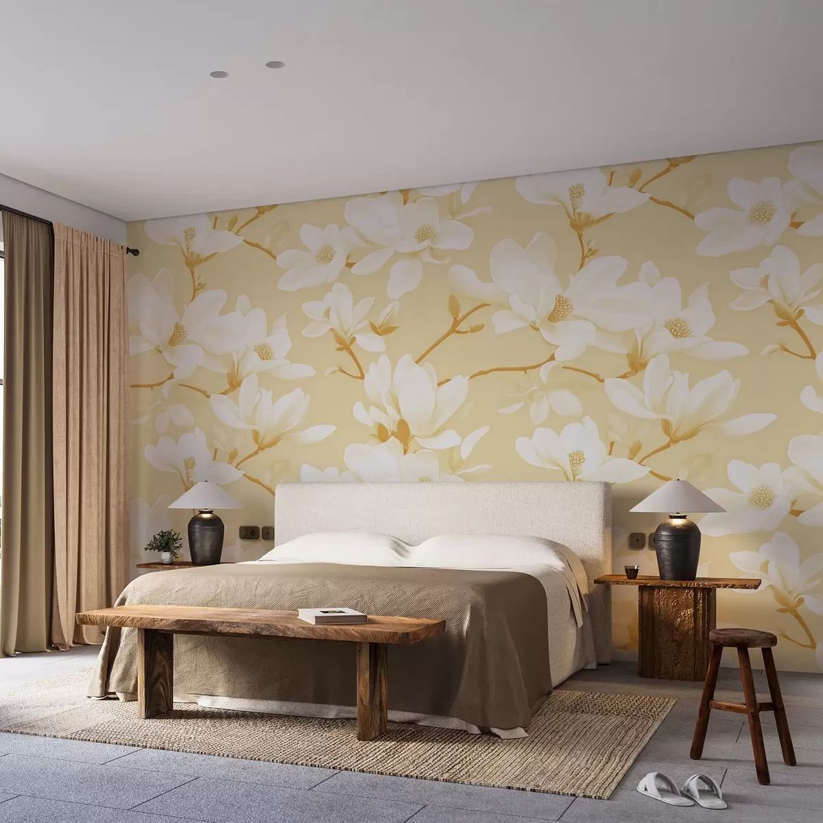 zidne murale Uzorak bijelih cvjetova magnolije, u žutim nijansama, bijelo lišće i grane w08726v3