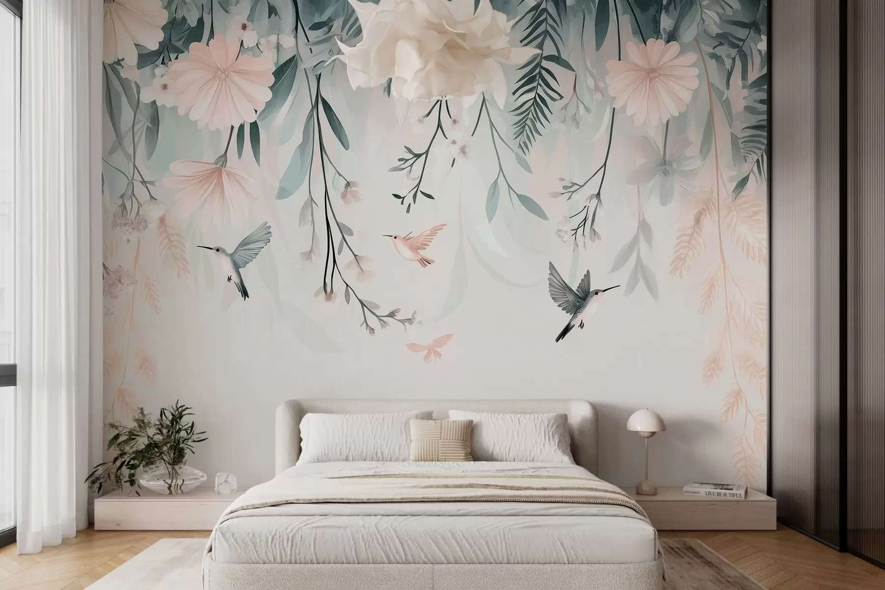 zidne murale ružičasti cvjetovi u imitaciji slikarske tehnike vise odozgo w03012