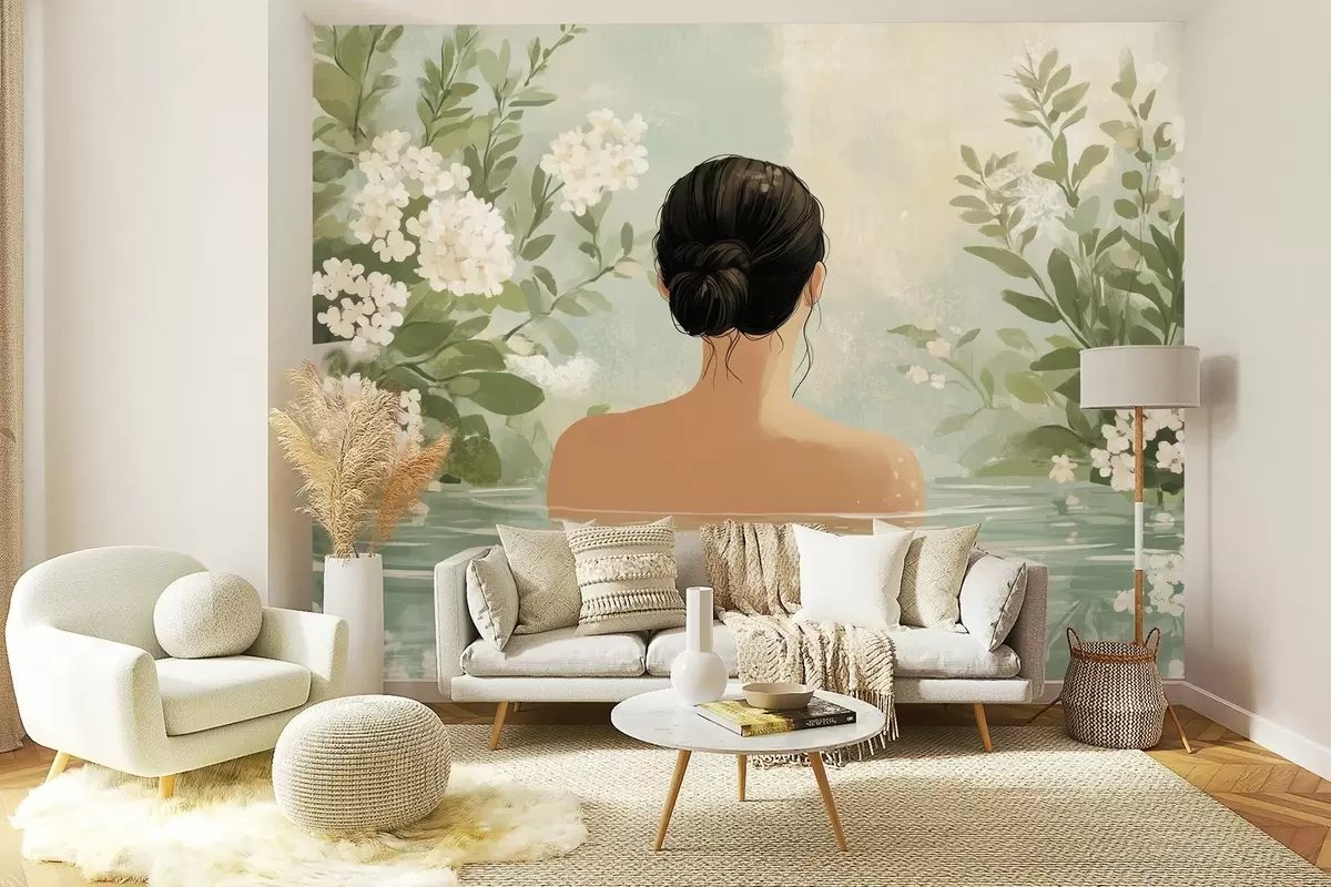 zidne murale spokojna i sanjiva botanička ilustracija žene koja se kupa u mirnoj, reflektirajućoj vodenoj površini, okružena bujnim zelenilom i nježnim bijelim cvijećem. w03014