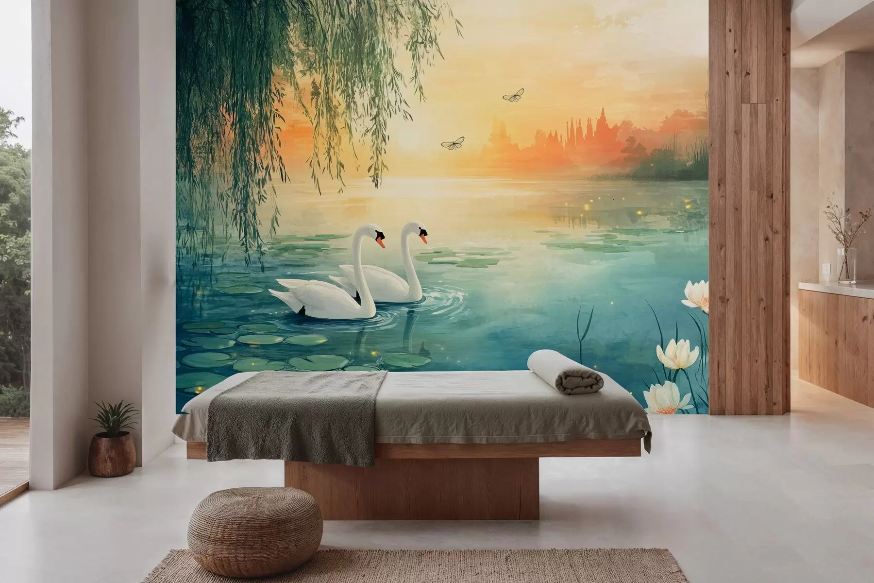 zidne murale Romantični krajolik u stilu uljane slike s dva bijela labuda na jezeru w03017