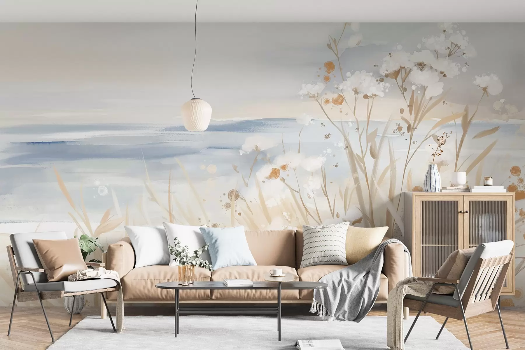 zidne murale Bijelo apstraktno cvijeće s nježnim stabljikama u travi, na mekoj, prigušenoj pozadini mirnog mora i neba  w08740