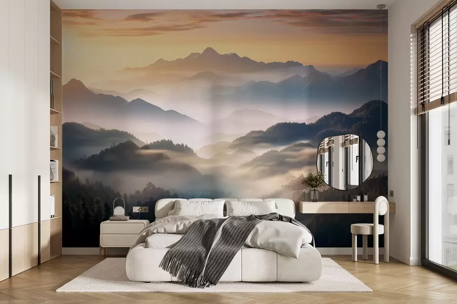 zidne murale Mirni planinski krajolik u zoru, s mekom maglicom koja obavija borove w08748