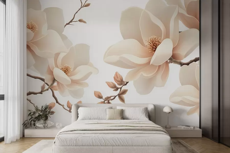 zidne murale Grane magnolije krem boje na bijeloj pozadini w08755