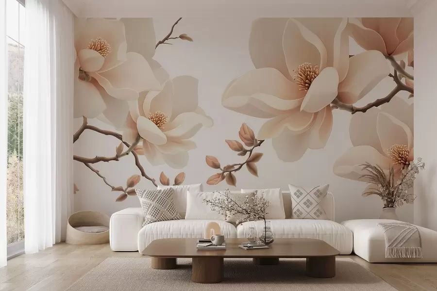 zidne murale Grane magnolije krem boje na bijeloj pozadini w08755