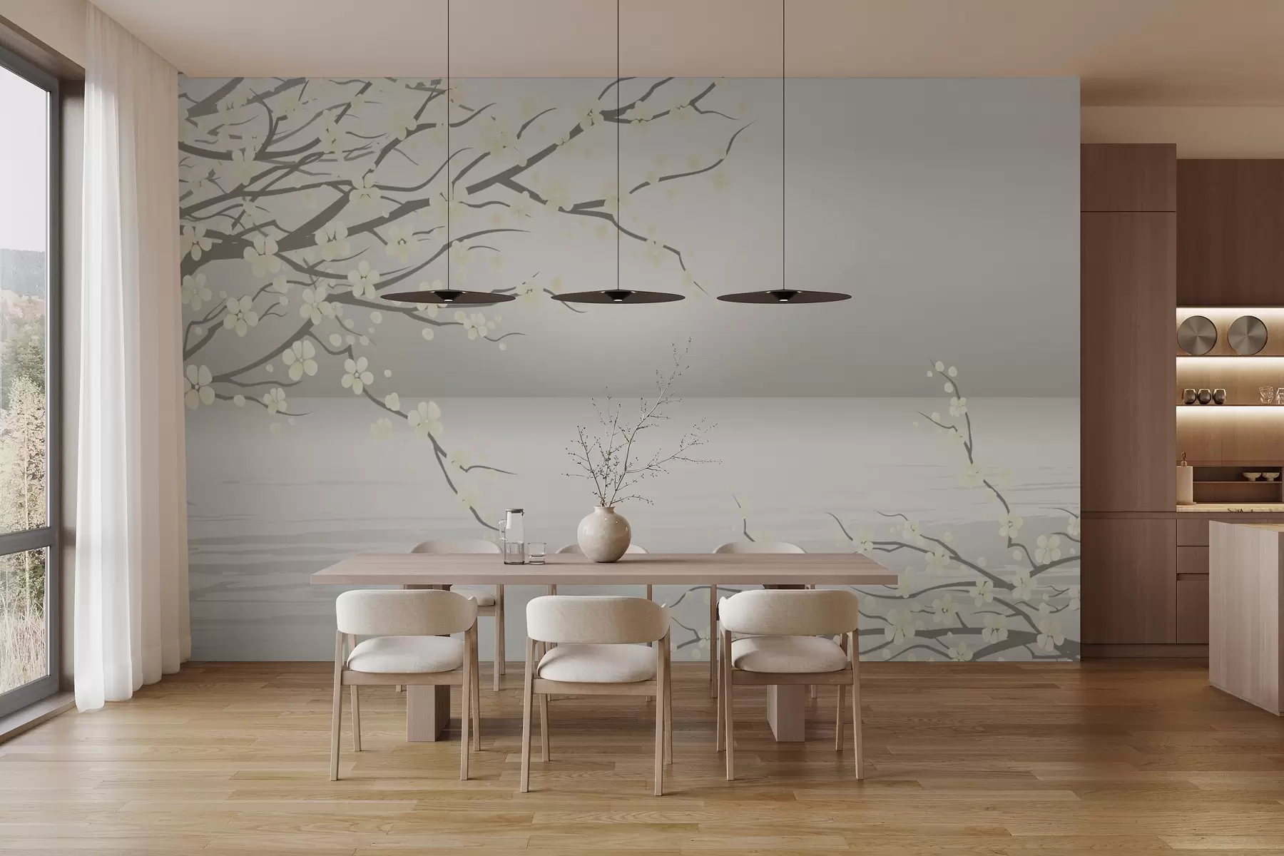 zidne murale Cvjetajuće drveće na pozadini izlaska sunca w03100v1