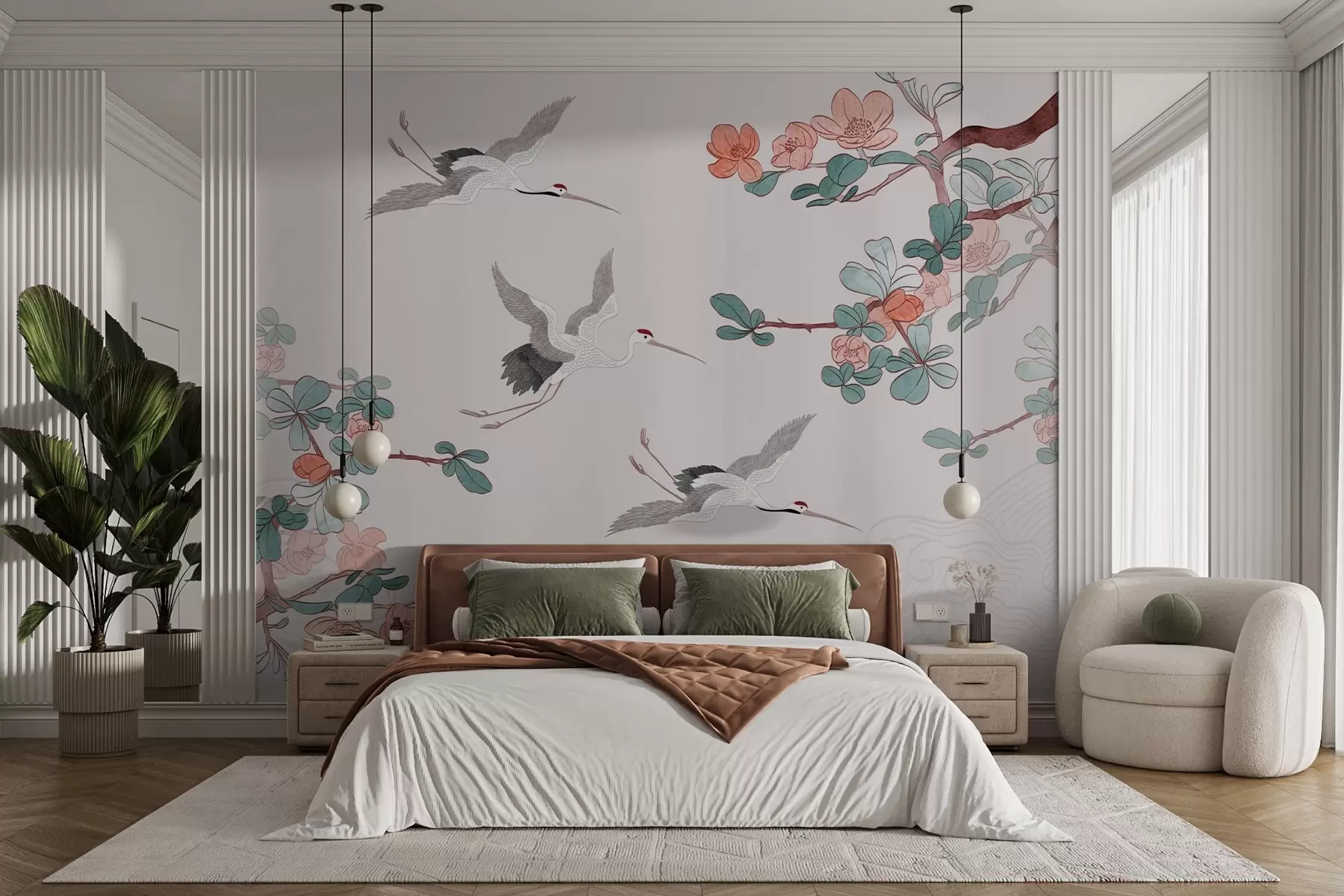 zidne murale Grane s cvijećem i ždralovi u japanskom stilu w03103