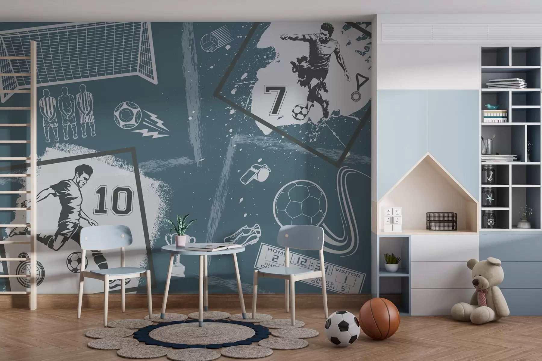 zidne murale Nogometaši, lopta i ostali nogometni atributi u plavim tonovima w03122