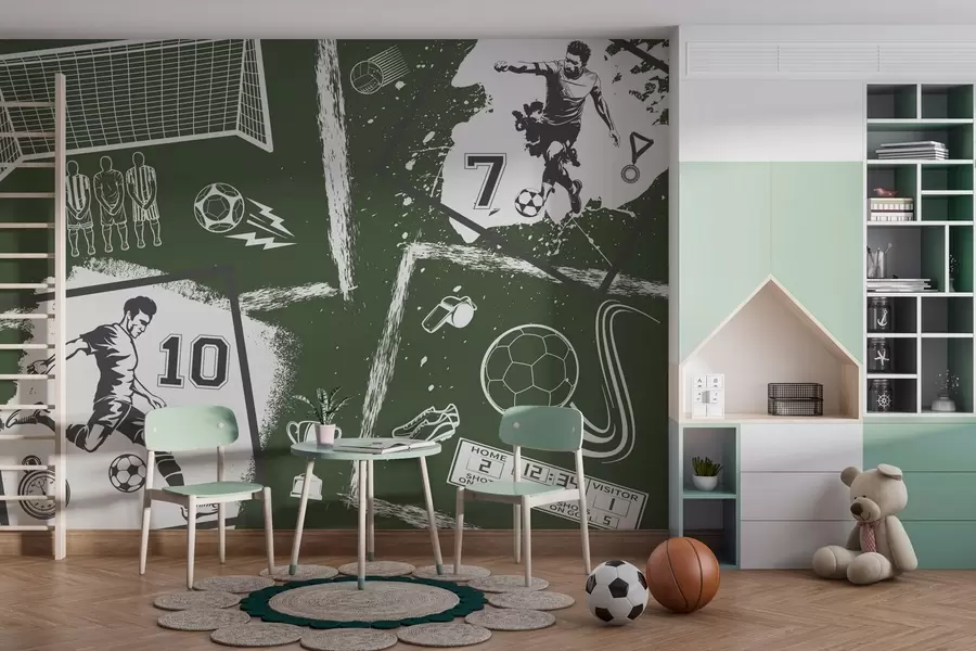 zidne murale Nogometaši, lopta i ostali nogometni atributi u zelenim tonovima w03122v2