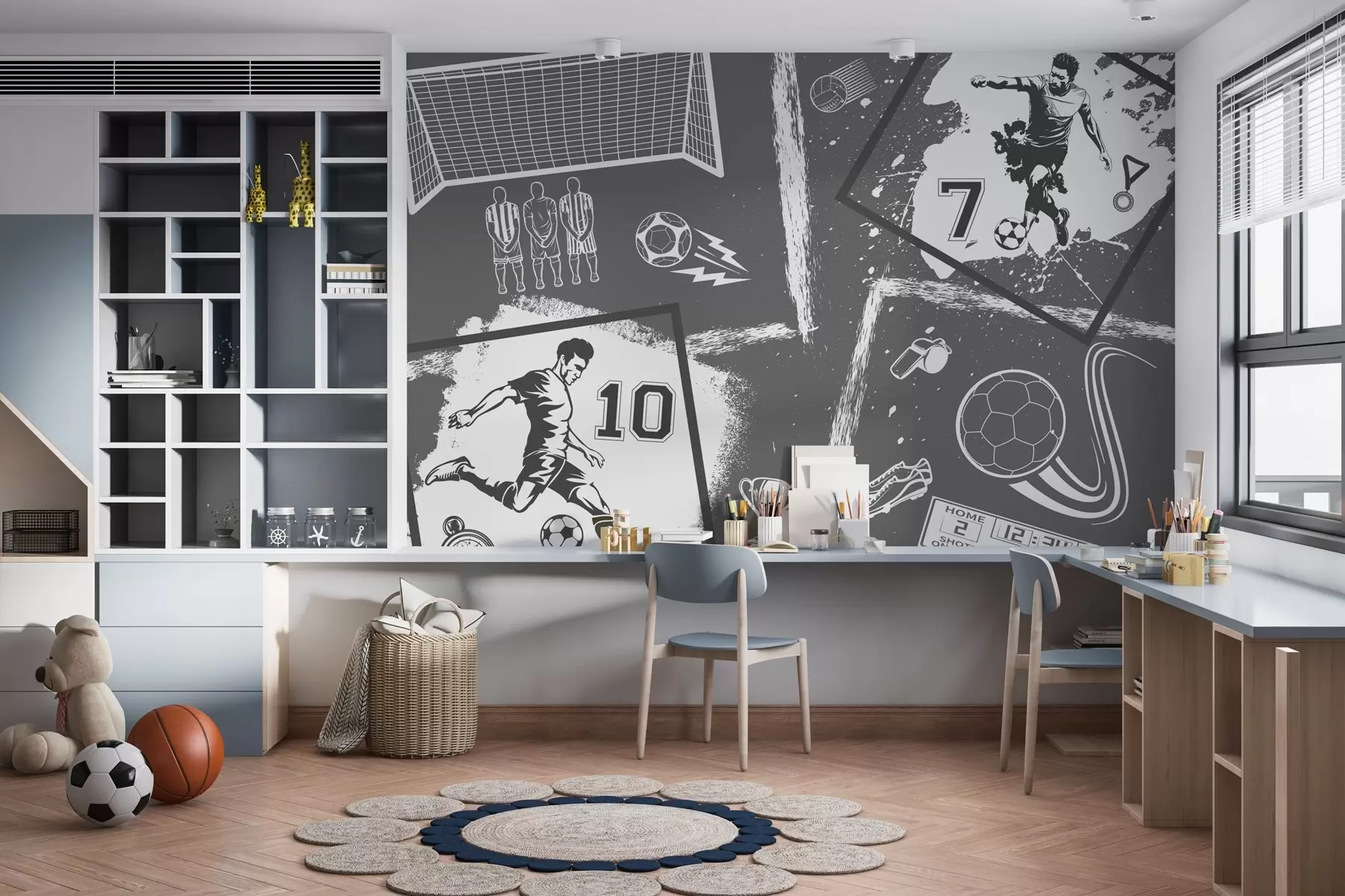 zidne murale Nogometaši, lopta i ostali nogometni atributi u sivim tonovima w03122v1