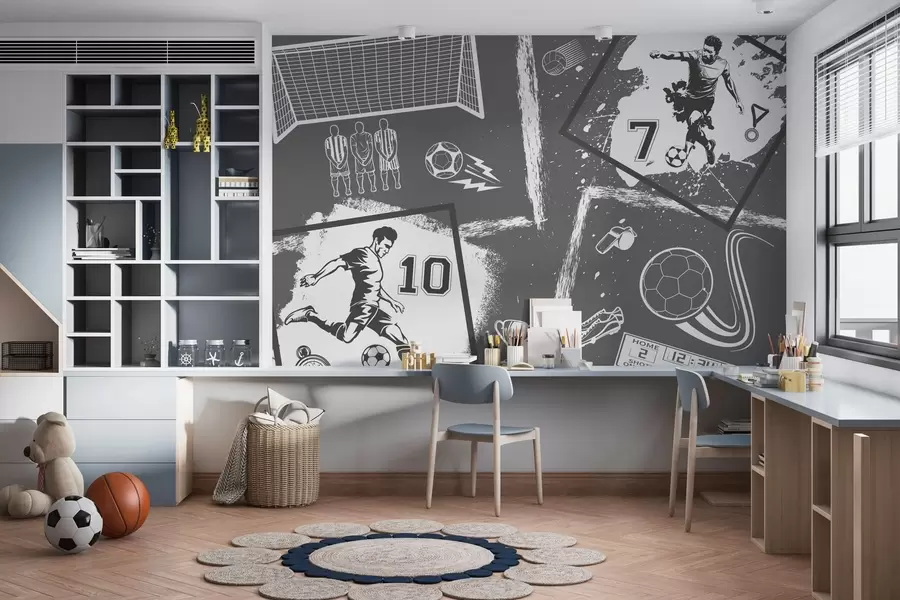 zidne murale Nogometaši, lopta i ostali nogometni atributi u sivim tonovima w03122v1