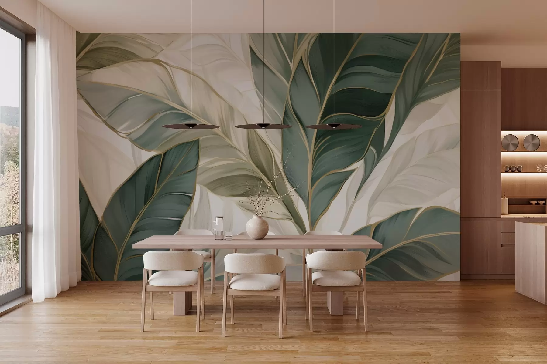 zidne murale Zeleno tropsko lišće na sivoj i bijeloj pozadini w03124