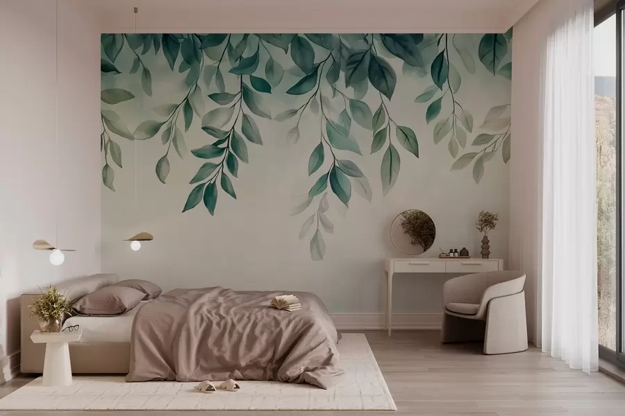zidne murale zeleni listovi u stilu akvarela koji vise s vrha w03024