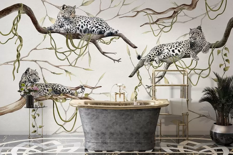 zidne murale Leopardi na drveću džungle, lijane, tropske, divlje životinje, paleta pastelnih boja w03146v4