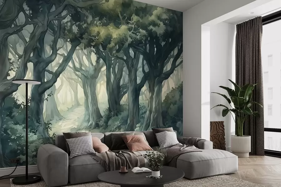 zidne murale Šuma s velikim drvećem, zelena boja, crtež u stilu akvarela w03150