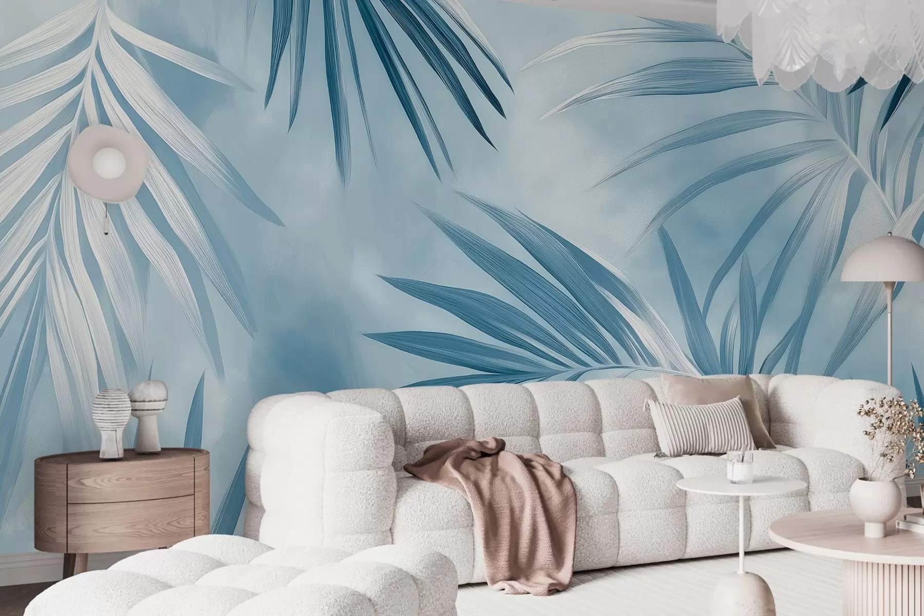 zidne murale Apstrakcija tropskog lišća, palma, plava paleta boja  w03153