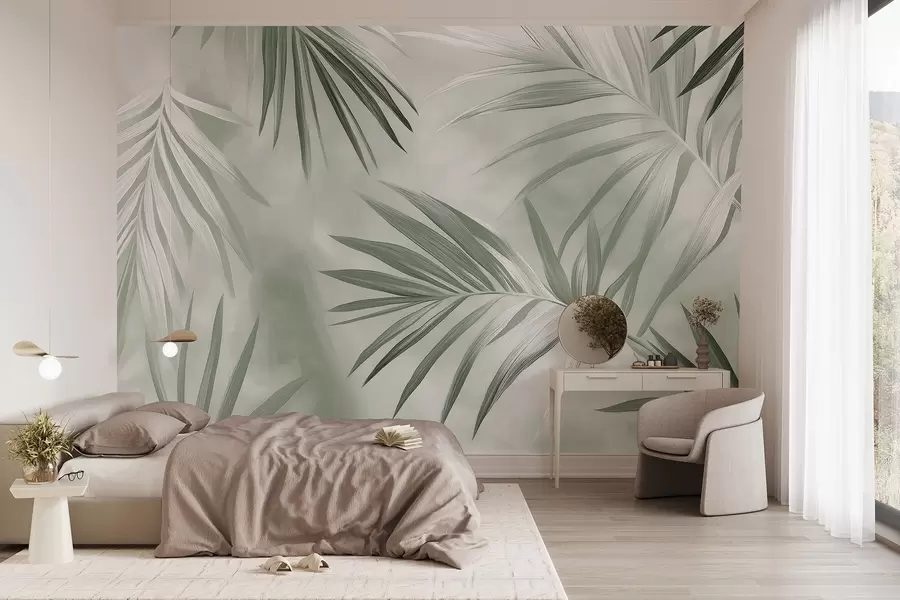 zidne murale Apstrakcija tropskog lišća, palma, zelena paleta boja  w03153v2
