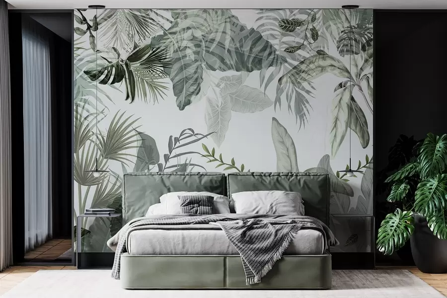 zidne murale Prozirno tropsko lišće u zelenim nijansama na bijeloj pozadini w08822