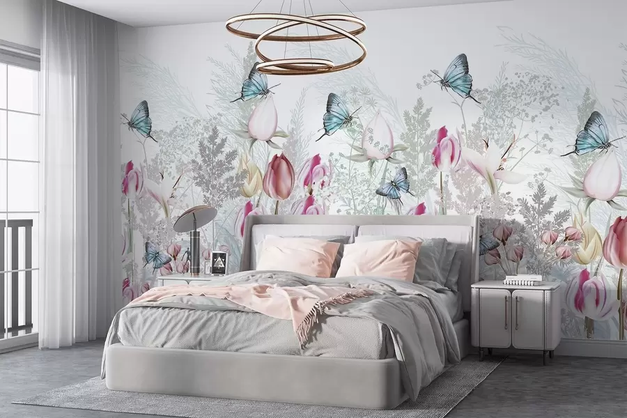 zidne murale Pastelni otisak s cvjetovima tulipana, travom i leptirima koji lete u vrtu w08834