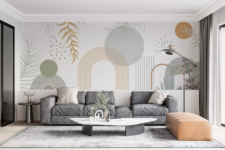 zidne murale Apstraktni ispis s geometrijskim oblicima, lukovima i tropskim lišćem na bijeloj pozadini w08835