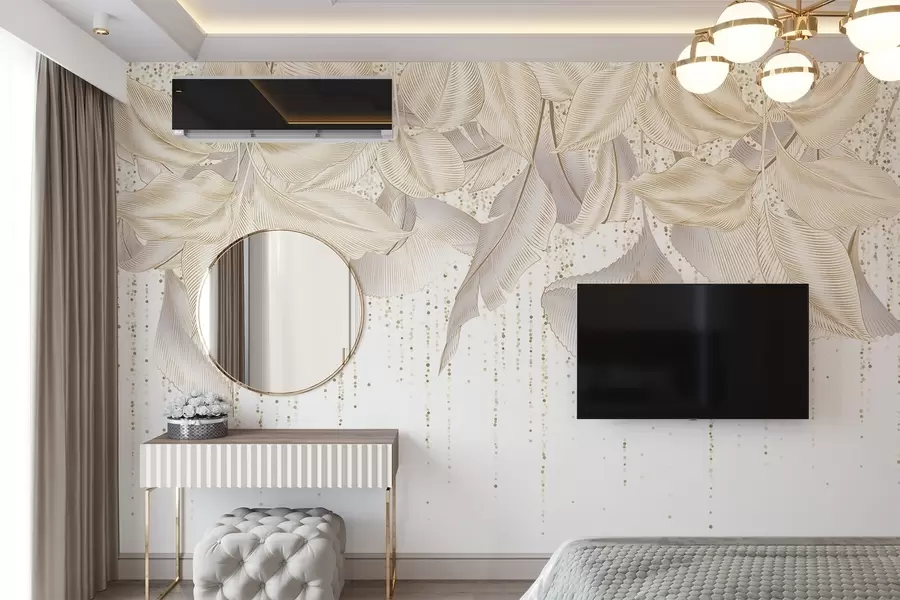 zidne murale Bijelo detaljno tropsko lišće i tekstura žutih točkica na bijeloj pozadini w08836