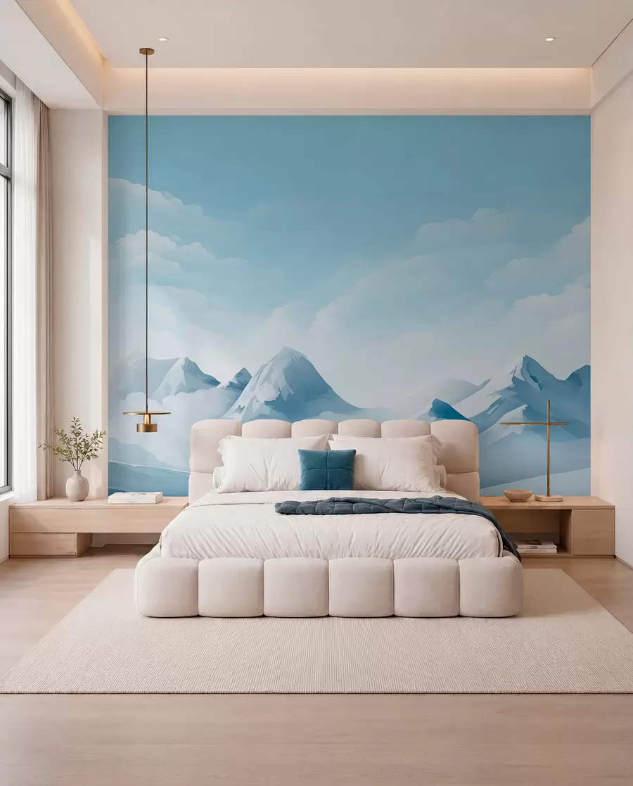 zidne murale Minimalistički plavi oblaci i planine, ledeno vrijeme w08811
