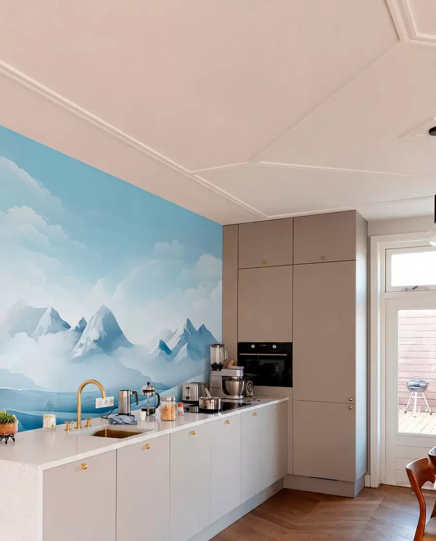 zidne murale Minimalistički plavi oblaci i planine, ledeno vrijeme w08811
