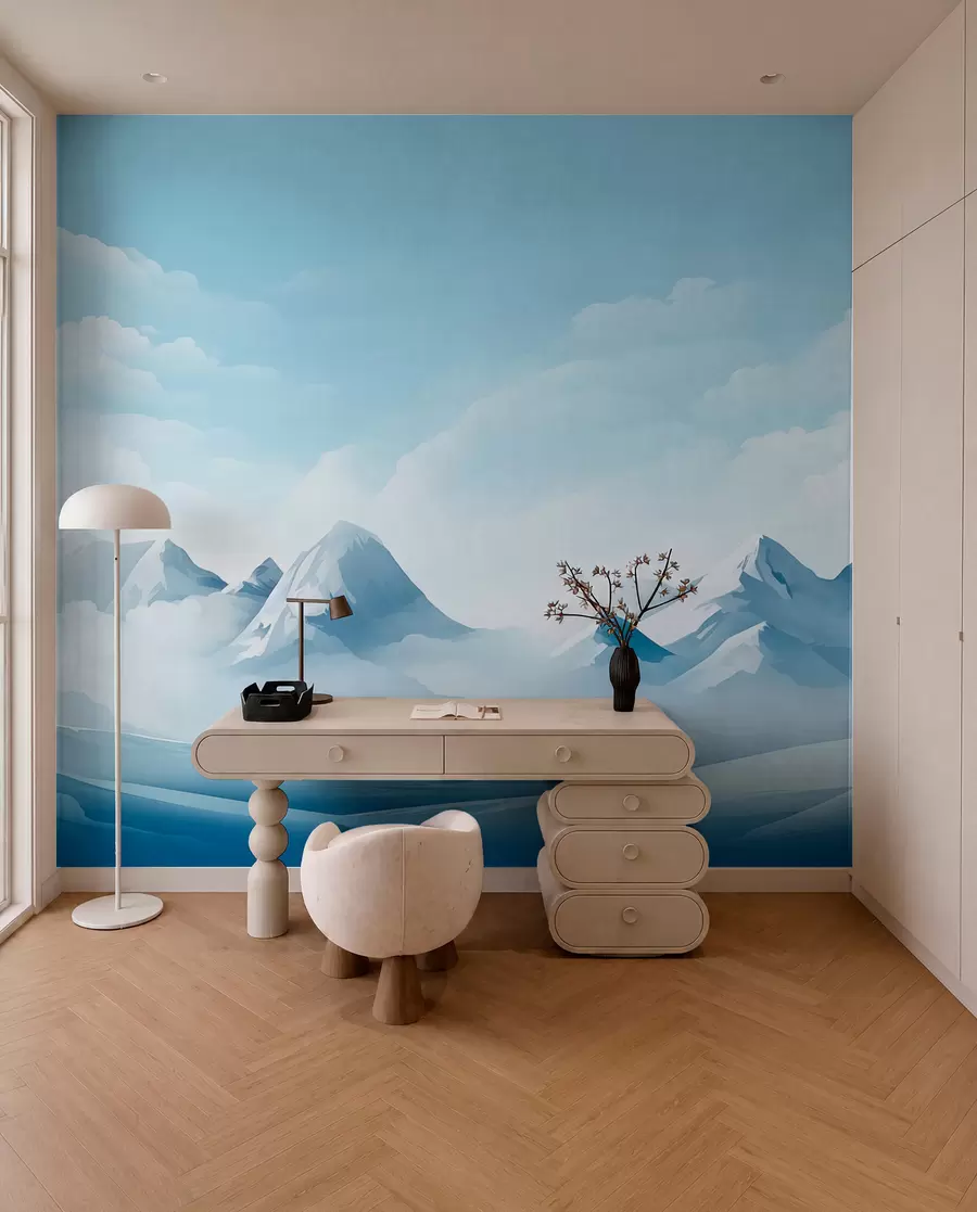 zidne murale Minimalistički plavi oblaci i planine, ledeno vrijeme w08811
