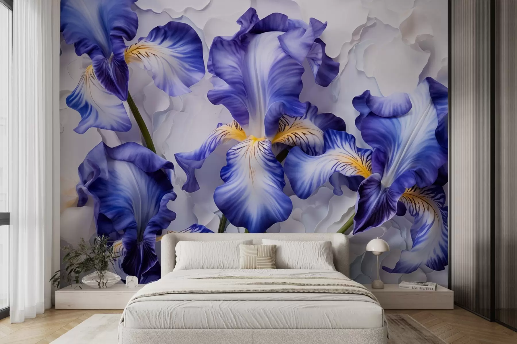 zidne murale Bijeli i plavi irisi u stilu akvarela w08816