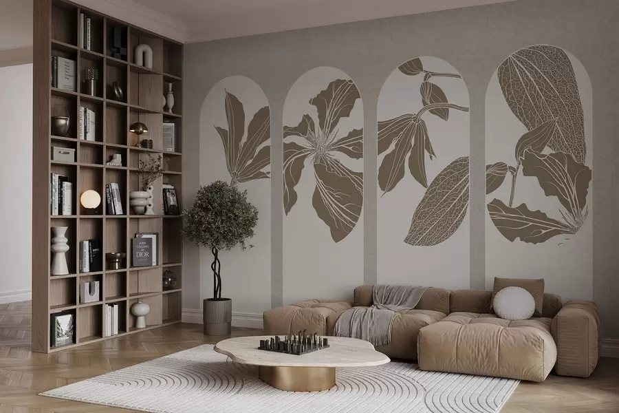 zidne murale Elegantni lukovi s cvjetnim motivima u bež i bijeloj boji, na teksturiranoj bež pozadini, minimalistički stil w08866