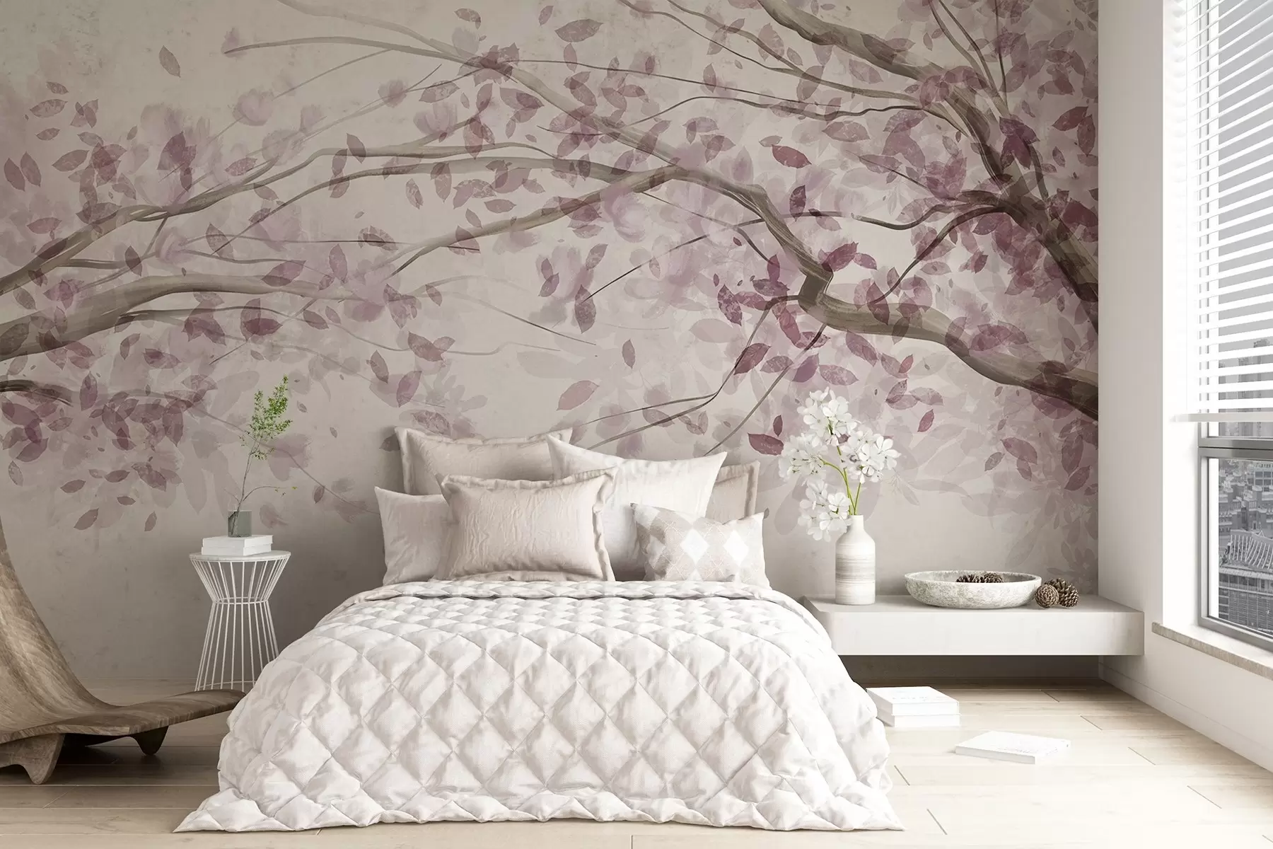 zidne murale Cvjetne grane s ružičastim lišćem, nježne boje, nježni detalji, stil akvarela, na svijetloj pozadini w08867