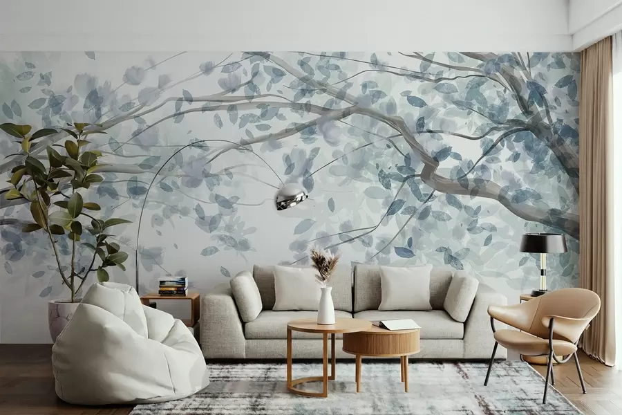 zidne murale Cvjetne grane s plavim lišćem, nježne boje, nježni detalji, stil akvarela, na svijetloj pozadini w08867v2