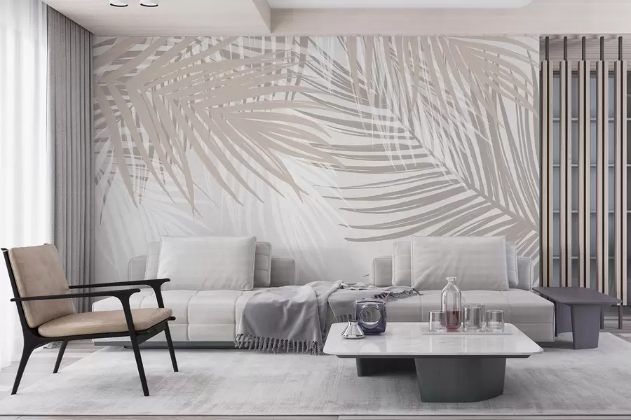 zidne murale Palmino lišće u svijetlo bež i bijelim tonovima, tropsko lišće, nježne pastelne boje, minimalistički dizajn w08869