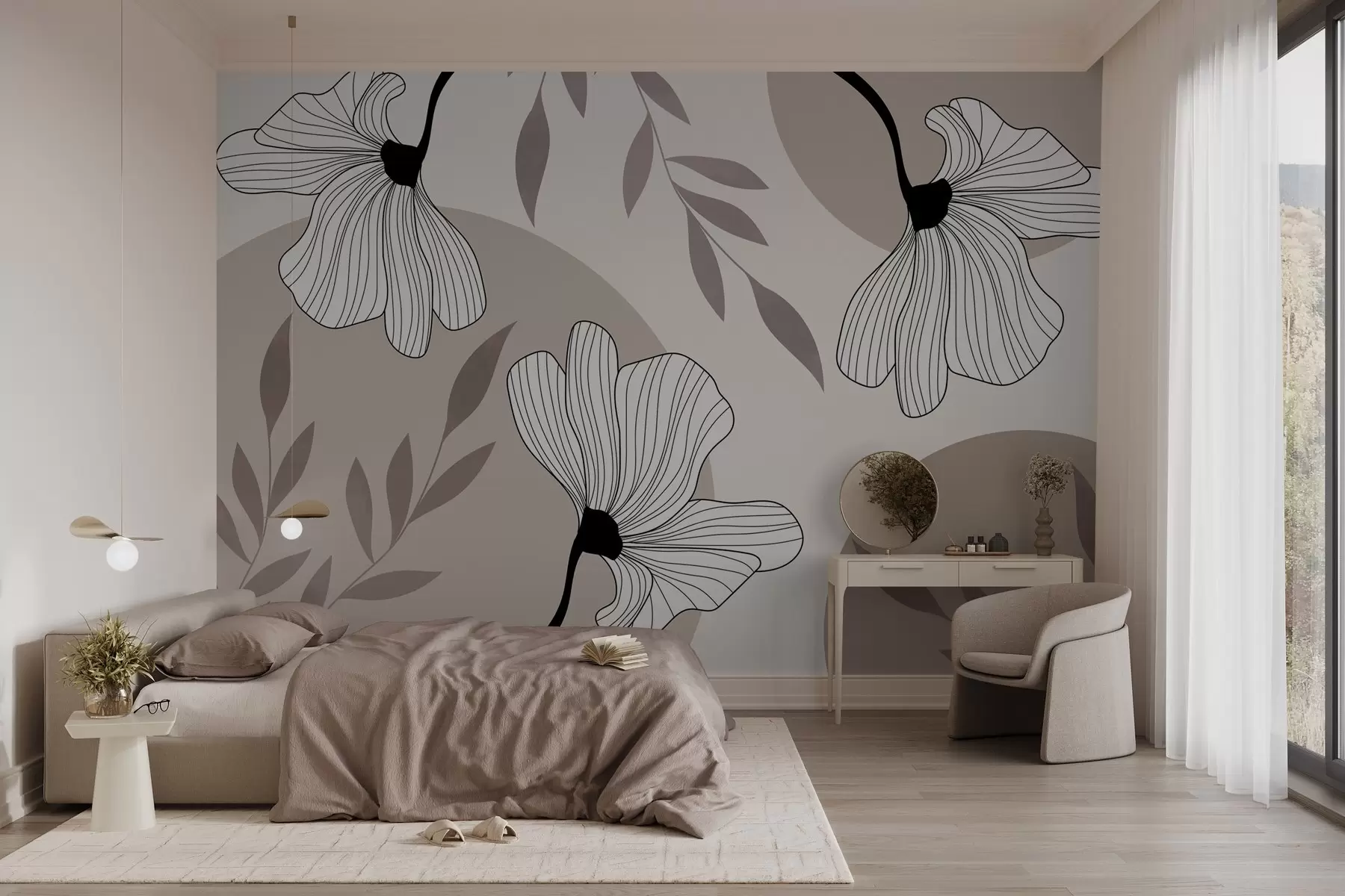 zidne murale Apstrakcija s cvijećem i lišćem u bež tonovima w03328