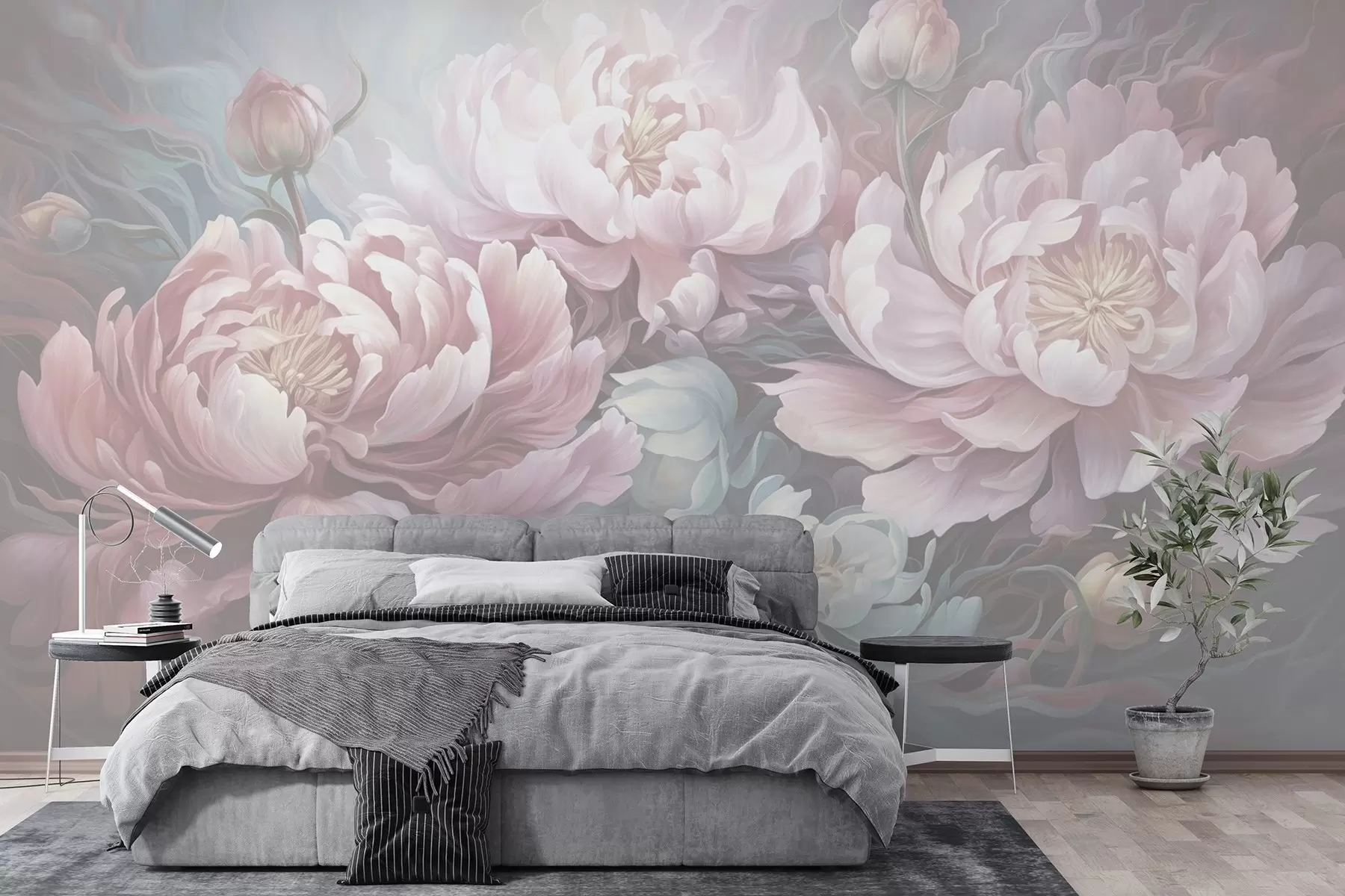 zidne murale Bajkoviti božuri u stilu poteza kistom u hladnim tonovima w08879v1