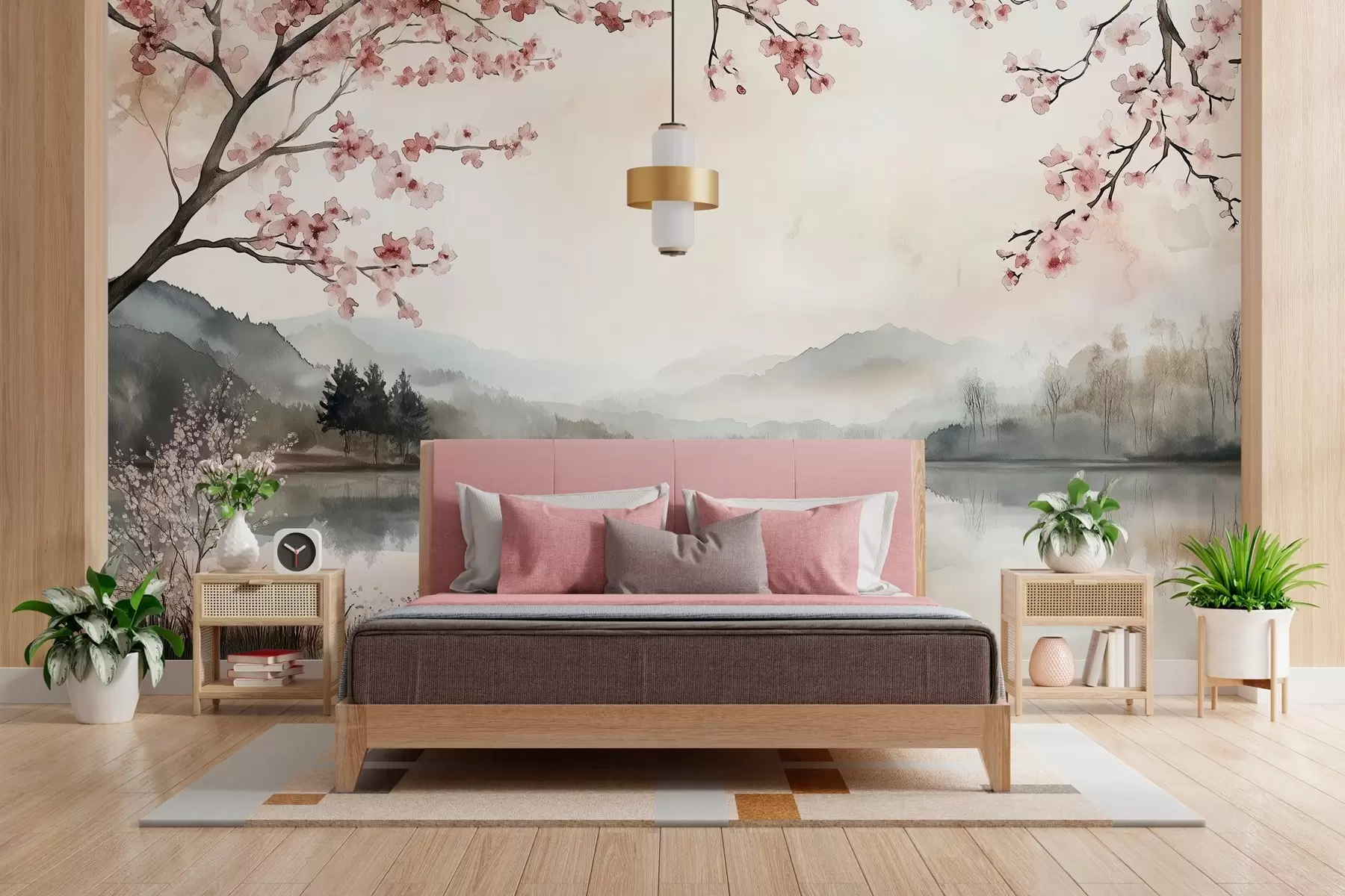 zidne murale mirni pejzaž u akvarelu s jezerom i stablom u cvatu w03282