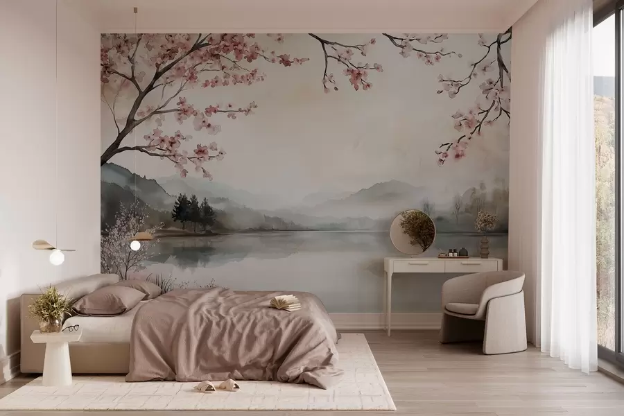 zidne murale mirni pejzaž u akvarelu s jezerom i stablom u cvatu w03282