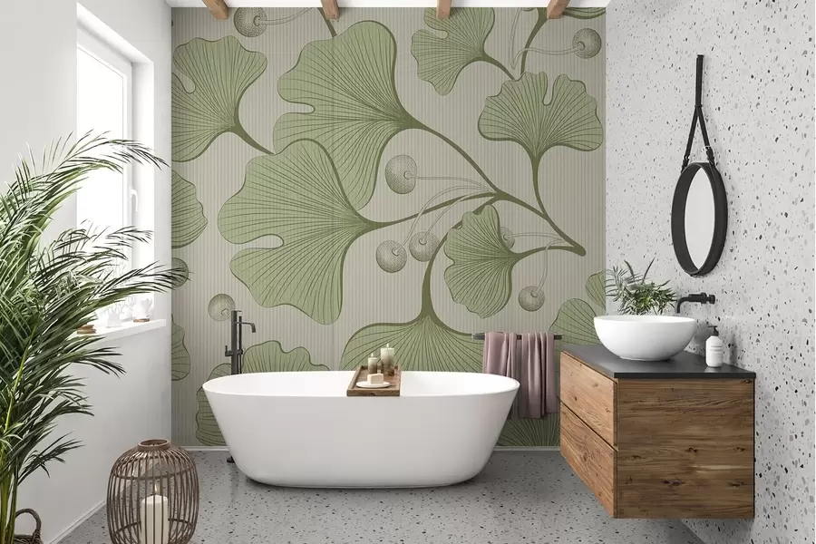 zidne murale Detaljna ilustracija lišća ginka na pozadini svijetle teksture w03326