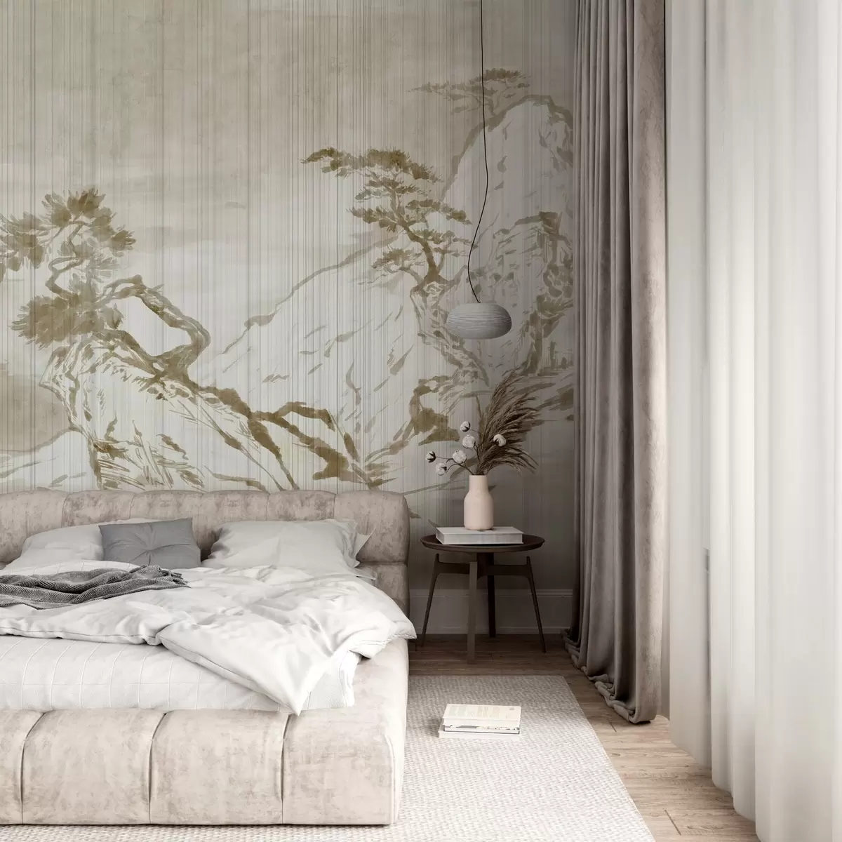 zidne murale Tradicionalna kineska jednobojna pejzažna ilustracija s planinama, drvećem i maglom w03379