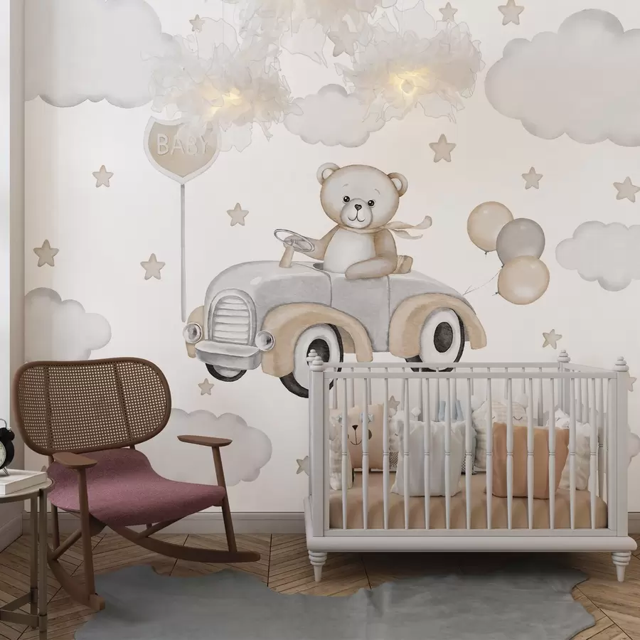 zidne murale Preslatka ilustracija medvjedića koji vozi starinski automobil među oblacima i zvijezdama w03382