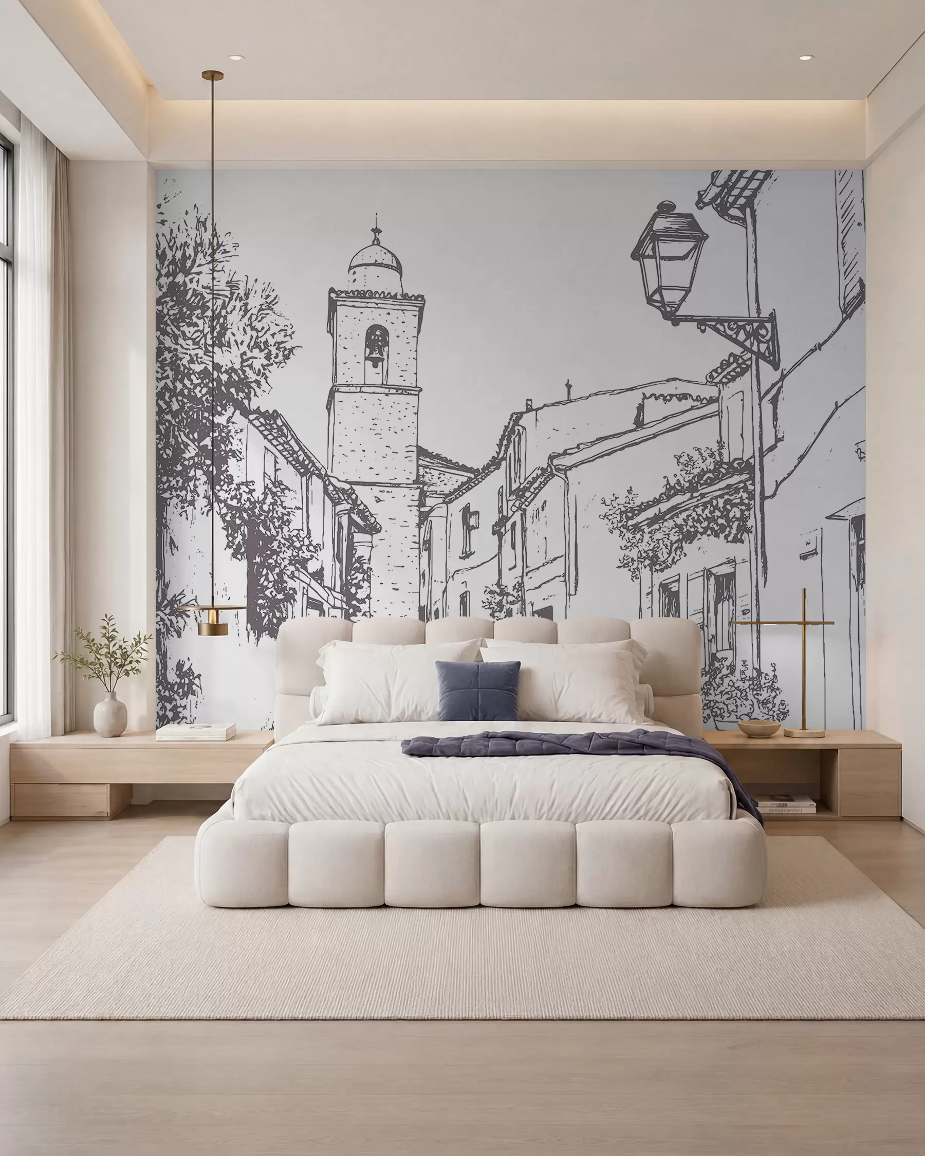 zidne murale Gradska ulica, lijepa arhitektura, zgrade, Mediteran, crtanje linija, bež boja w03345v1