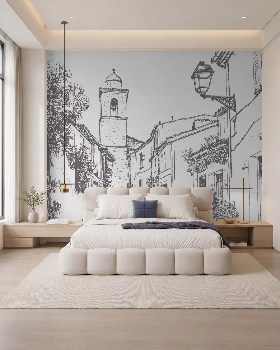 zidne murale Gradska ulica, lijepa arhitektura, zgrade, Mediteran, crtanje linija, bež boja w03345v1