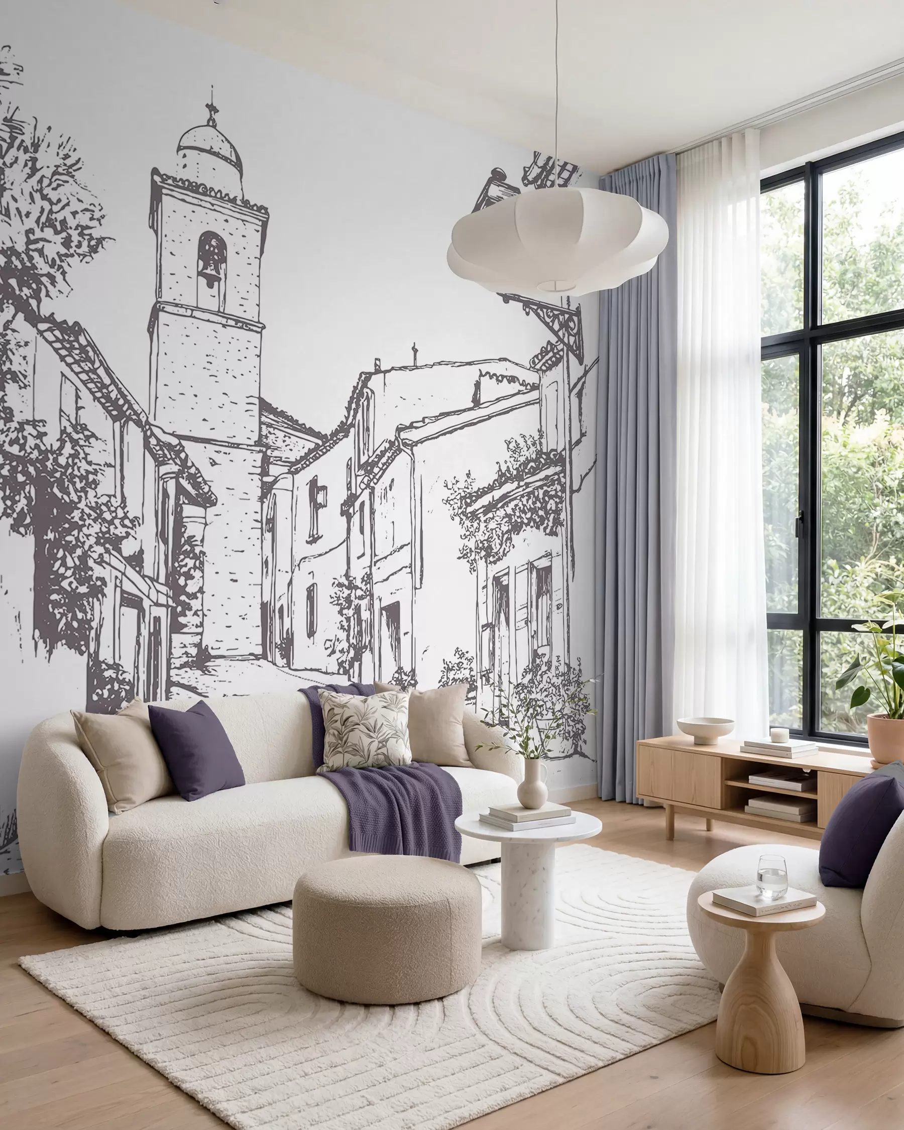 zidne murale Gradska ulica, lijepa arhitektura, zgrade, Mediteran, crtanje linija, bež boja w03345v1