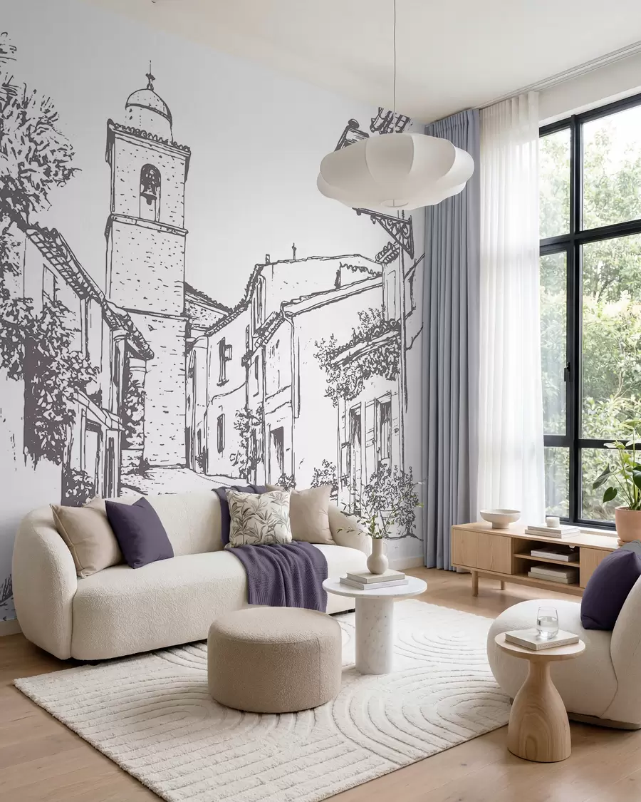 zidne murale Gradska ulica, lijepa arhitektura, zgrade, Mediteran, crtanje linija, bež boja w03345v1