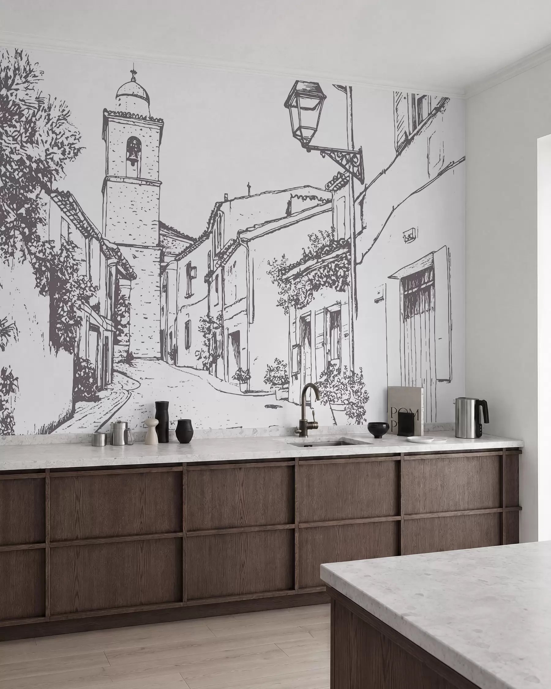 zidne murale Gradska ulica, lijepa arhitektura, zgrade, Mediteran, crtanje linija, bež boja w03345v1
