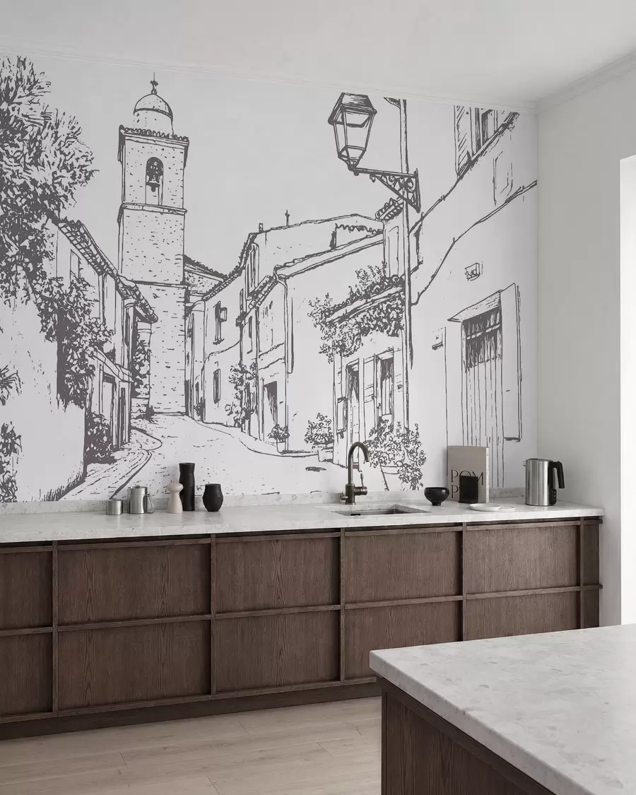 zidne murale Gradska ulica, lijepa arhitektura, zgrade, Mediteran, crtanje linija, bež boja w03345v1